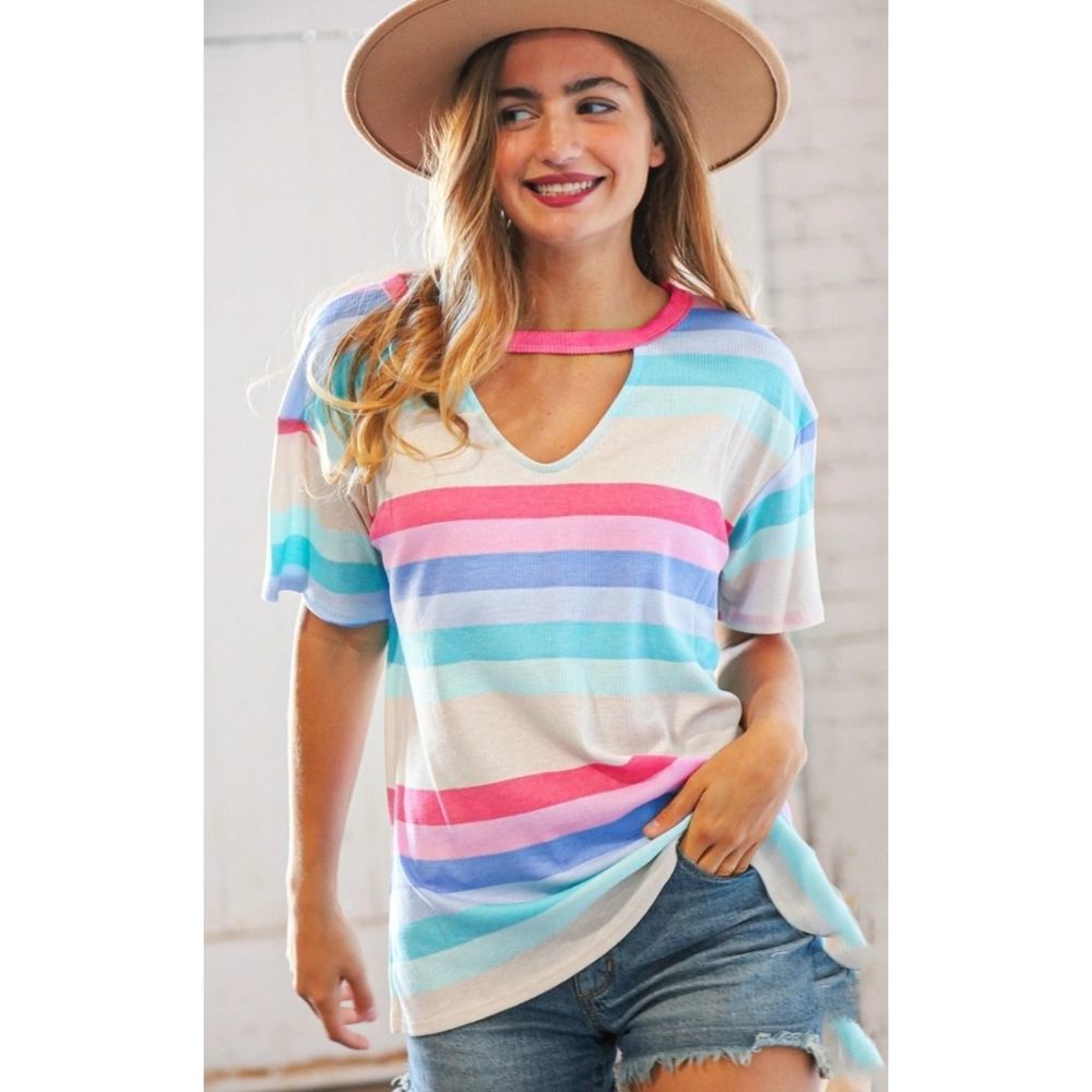 Fuchsia Blue Multi Color Stripe Key Hole Top